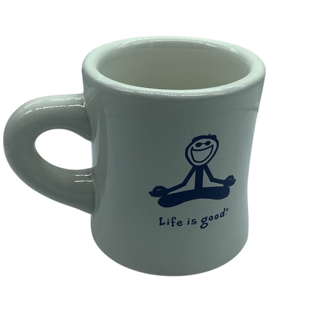 Vtg Life Is‎ Good Ceramic Mug Yoga White Blue Graphics Do What You Like 4"